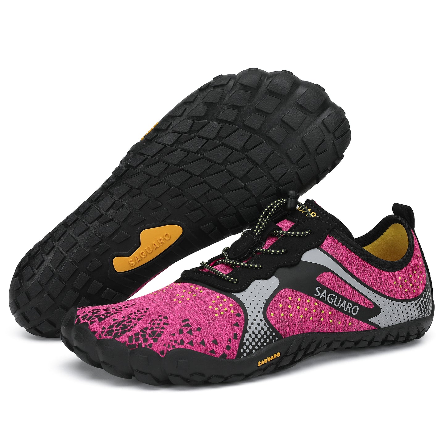 Pink and black Saguaro shoes with textured sole on a white background