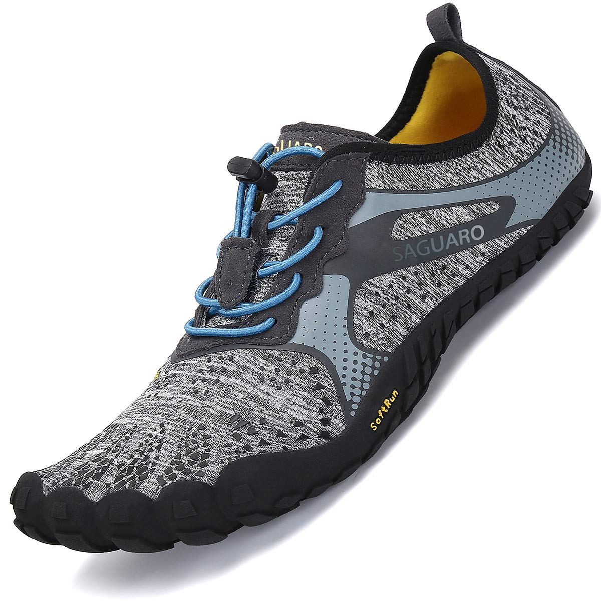 Gray and black shoe with blue laces on a white background