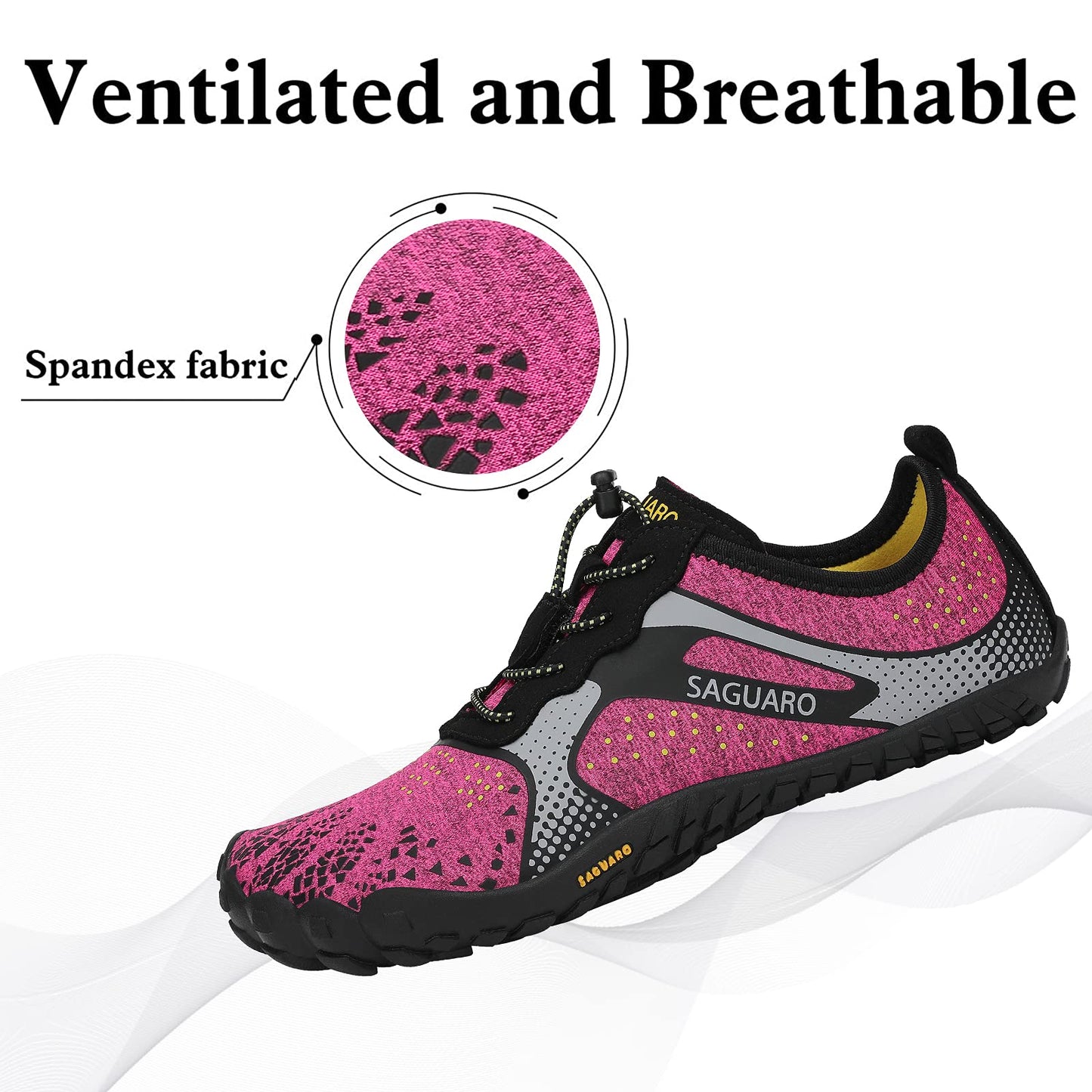 Pink and black Saguaro brand shoe with spandex fabric detail on a white background
