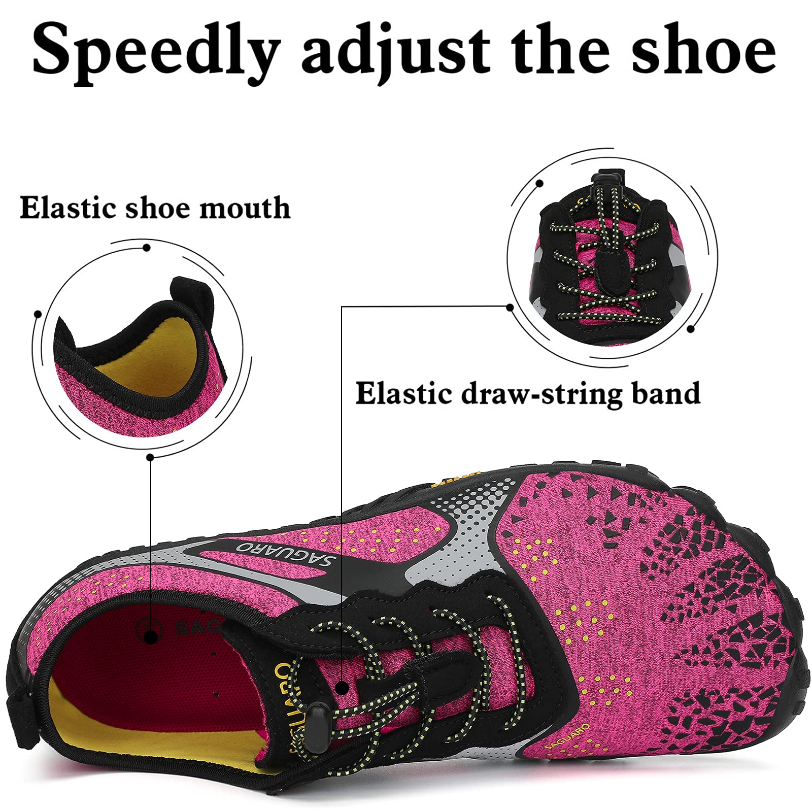 Pink and black shoe with elastic features and text 'Speedly adjust the shoe'.