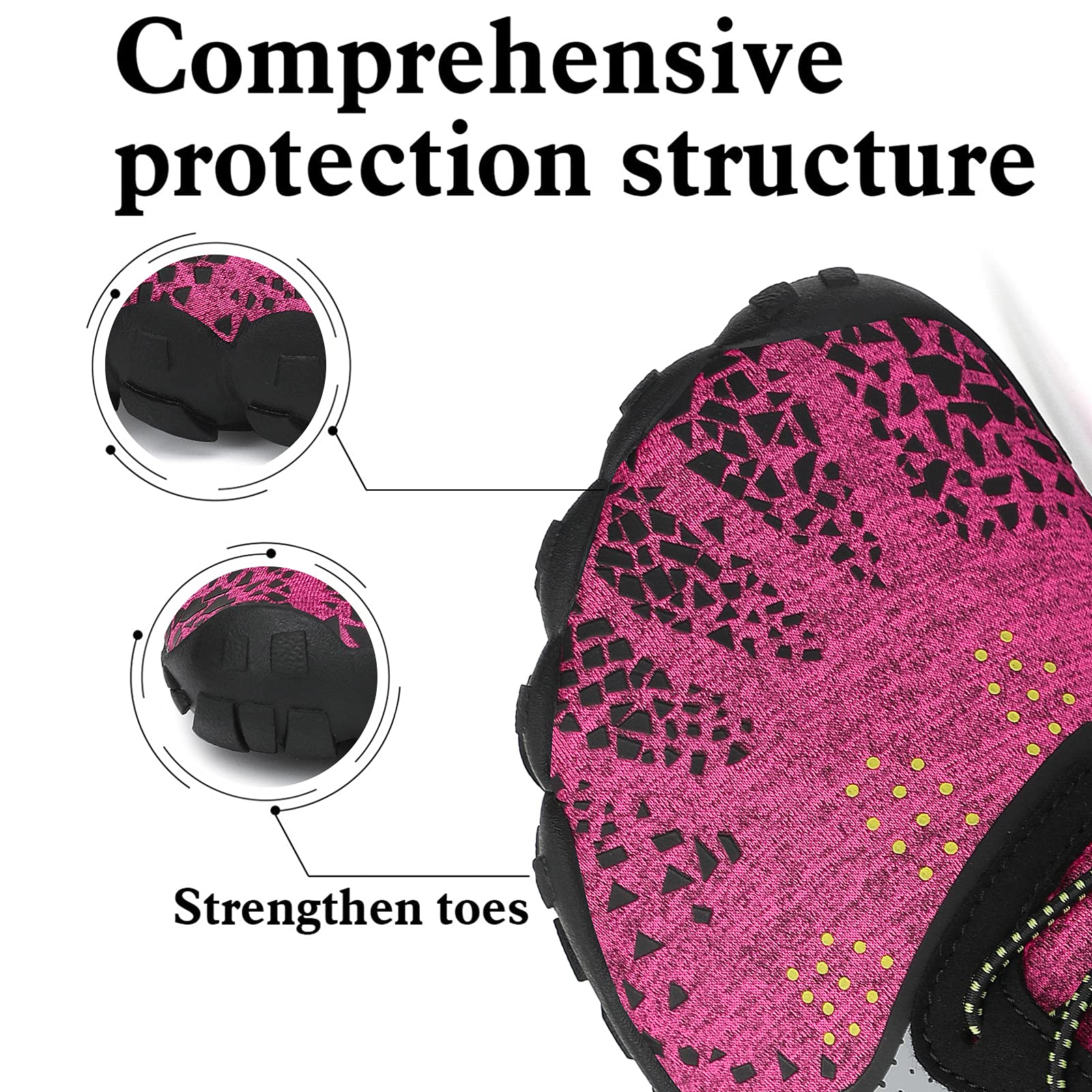 Pink and black shoe with detailed sole design and text highlighting protection structure and toe strengthening.