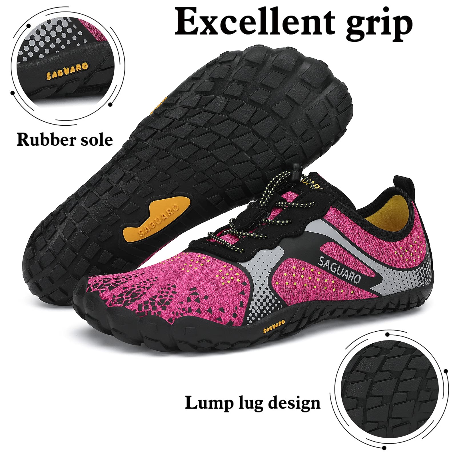 Pink and black Saguaro shoes with emphasis on rubber sole and lump lug design.