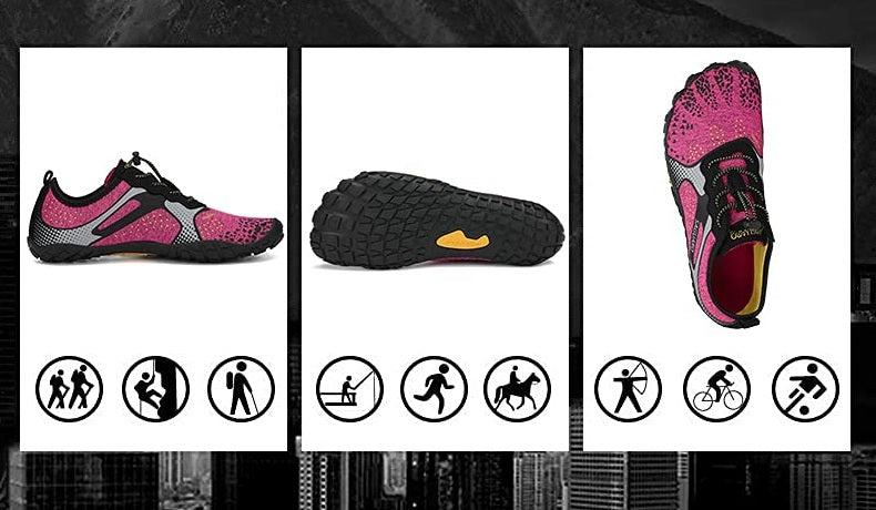 Collage of pink and black athletic shoes with various activity icons below.