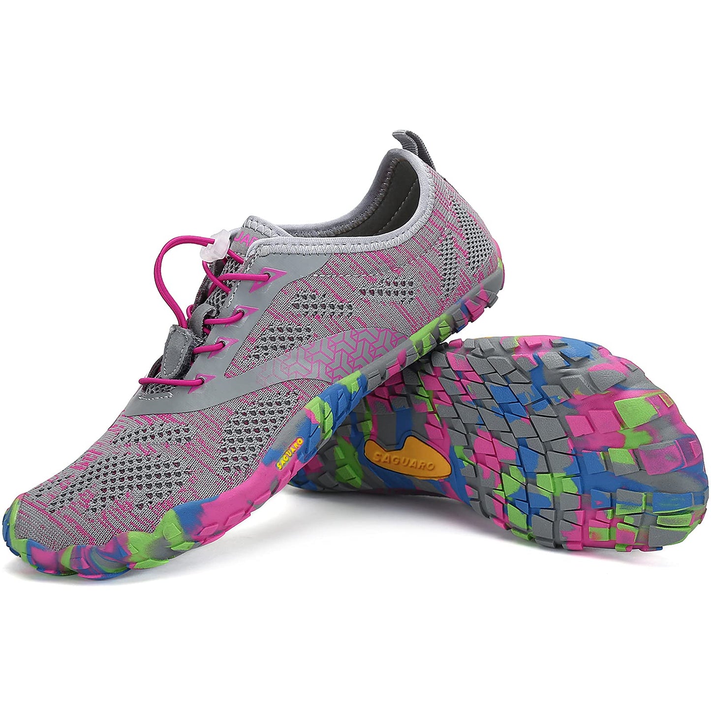 Gray water shoes with colorful sole on a white background