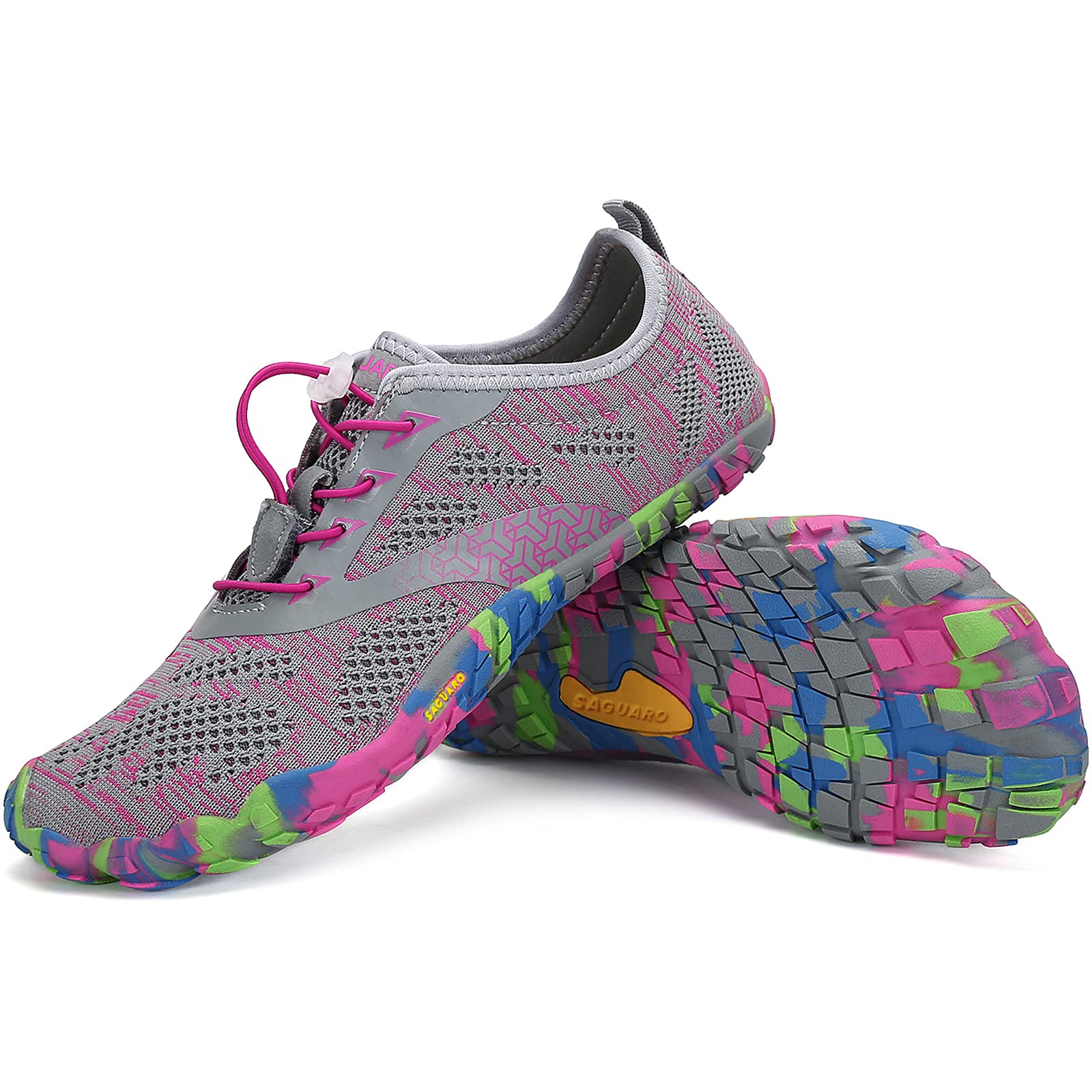 Gray water shoes with colorful sole on a white background