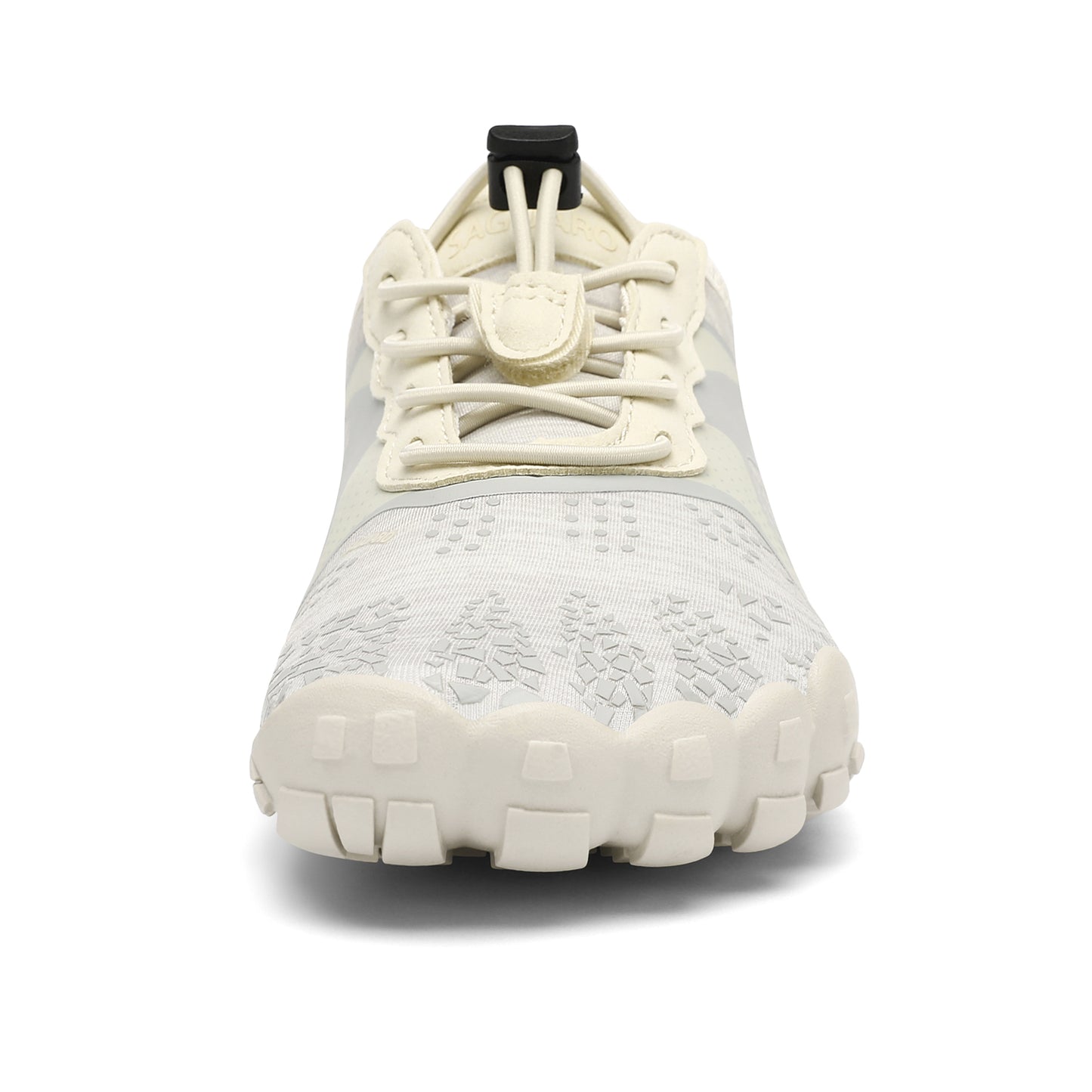 White athletic shoe with a textured sole on a white background