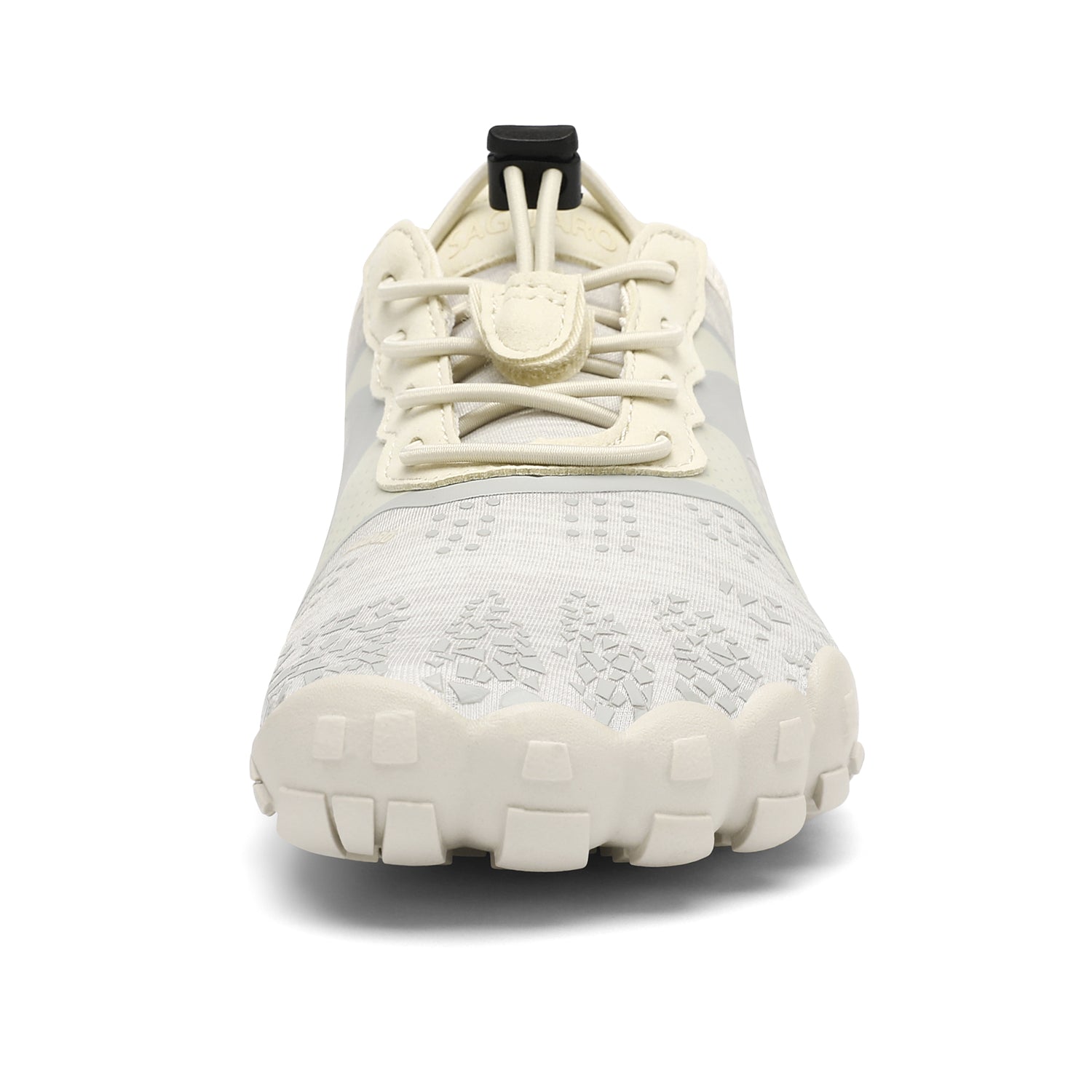 White athletic shoe with a textured sole on a white background