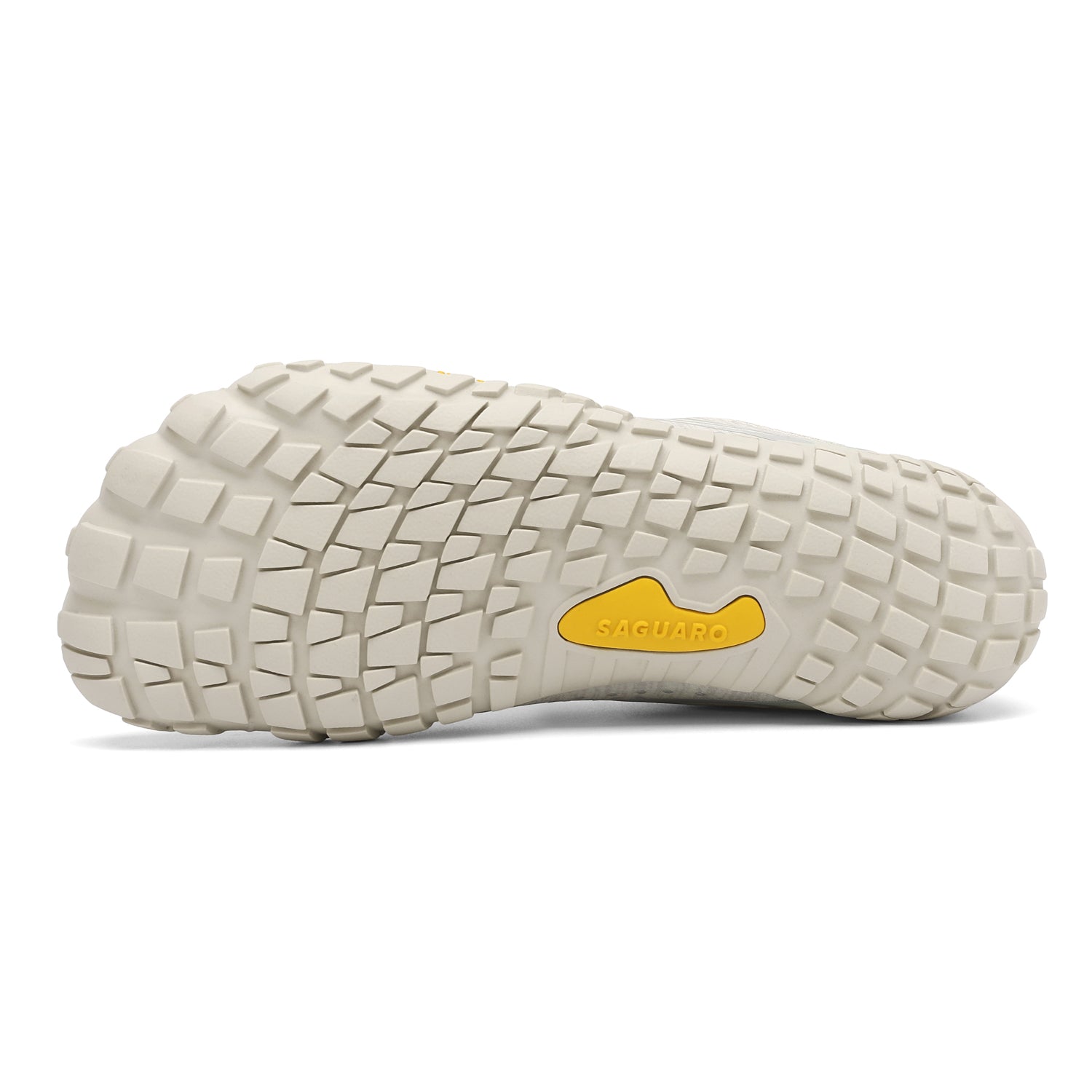 Close-up of a beige shoe sole with a yellow logo on a white background