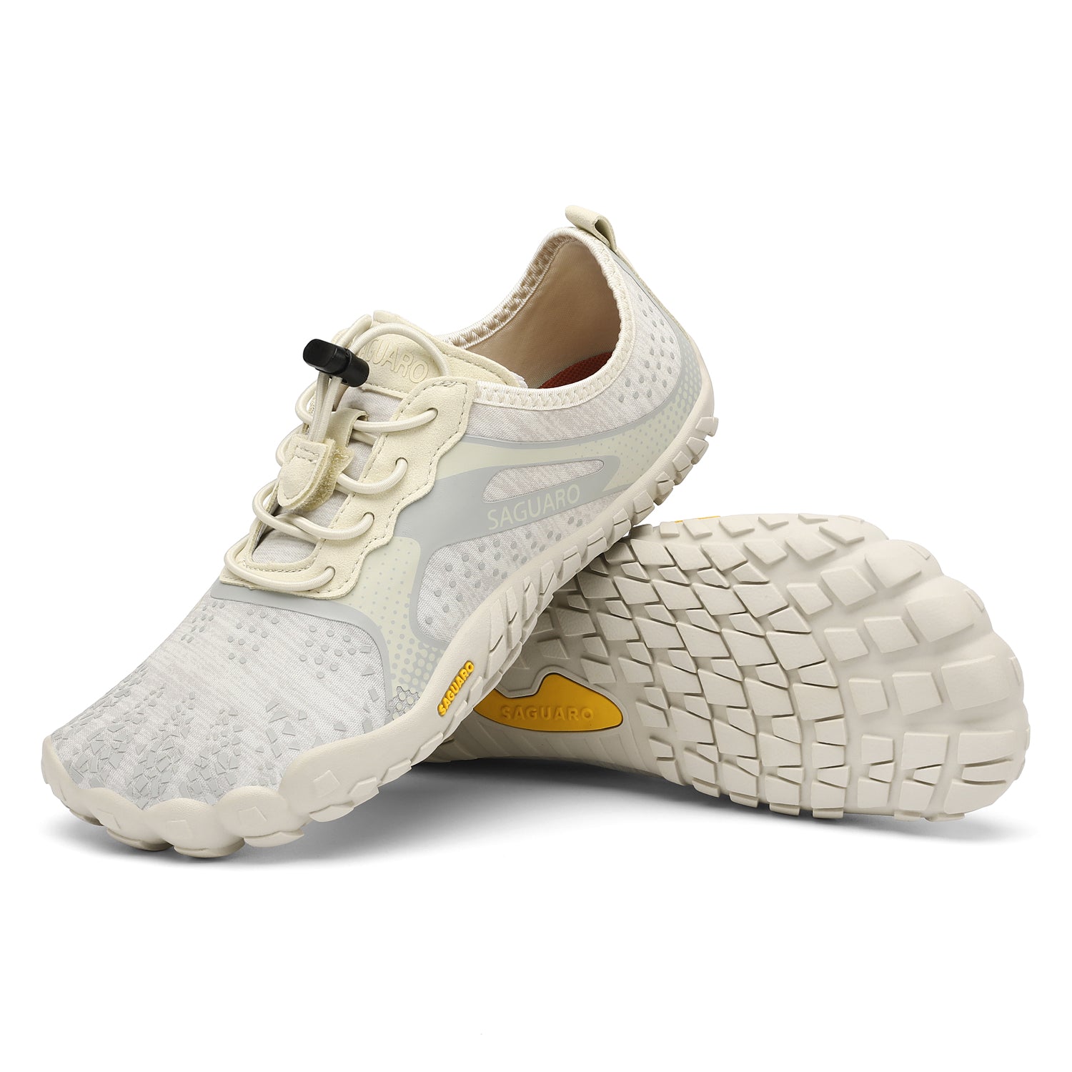White athletic shoe with textured sole on a white background
