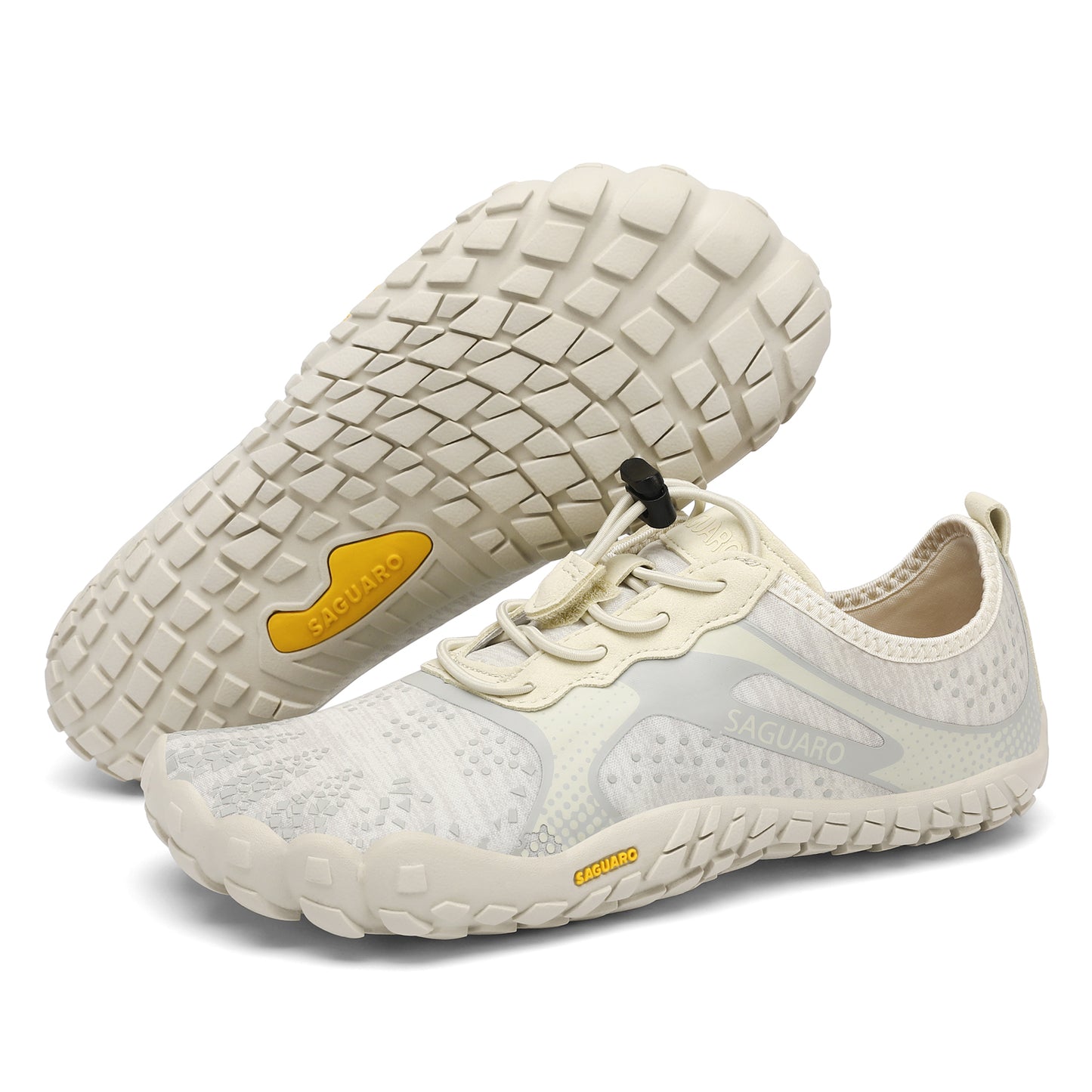 White sneakers with textured sole and visible brand logo on a white background