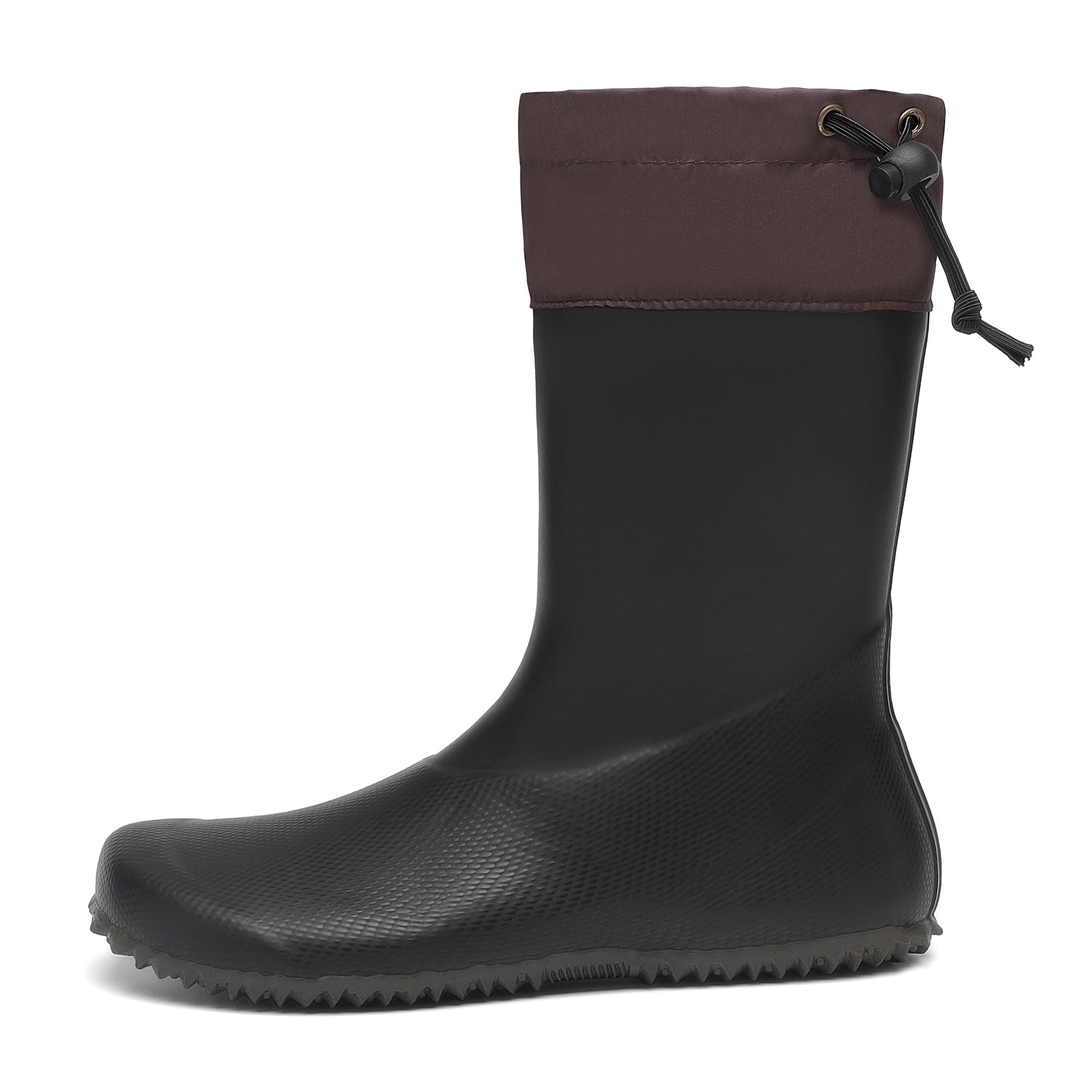 Black rubber boot with brown top on a white background